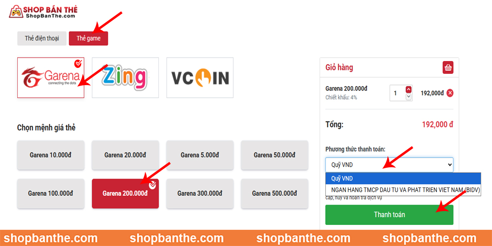 các bước mua thẻ Garena tại shopbanthe