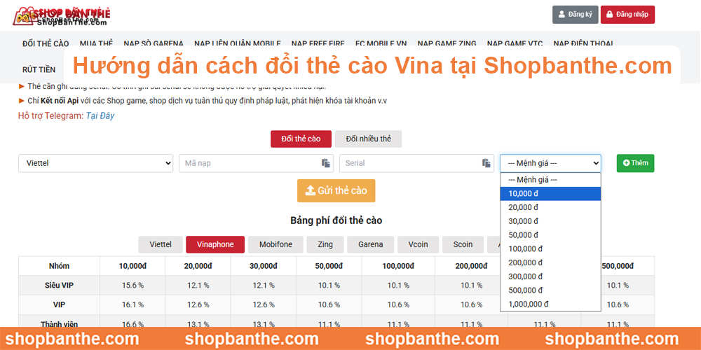 hướng dẫn đổi thẻ cào Vina