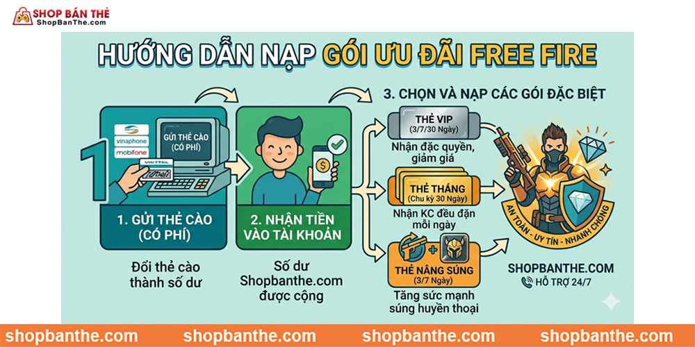 Hướng dẫn nạp thẻ tháng, thẻ VIP, thẻ nâng súng 3/7/30 ngày Free Fire