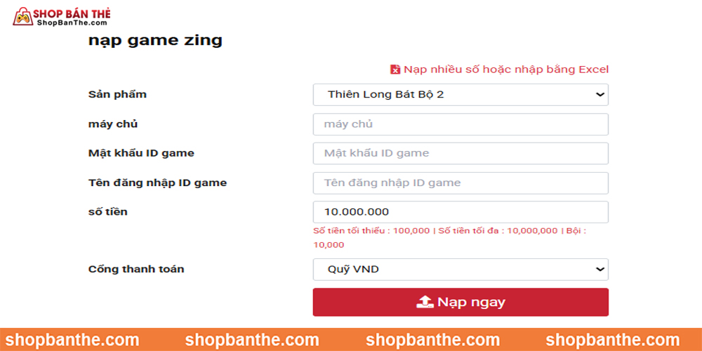 Dùng quỹ để nạp game Thiên Long Bát Bộ 2