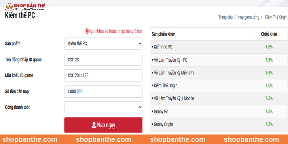 Nạp Trực Tiếp Qua Website Shopbanthe.com