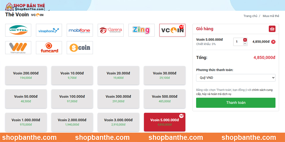 Mua thẻ Vcoin và nạp vào game VTC