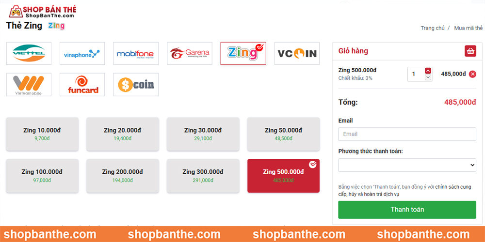 Mua thẻ Zing tại các website đại lý / trung gian
