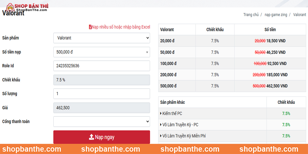 Nạp VP Valorant từ số dư