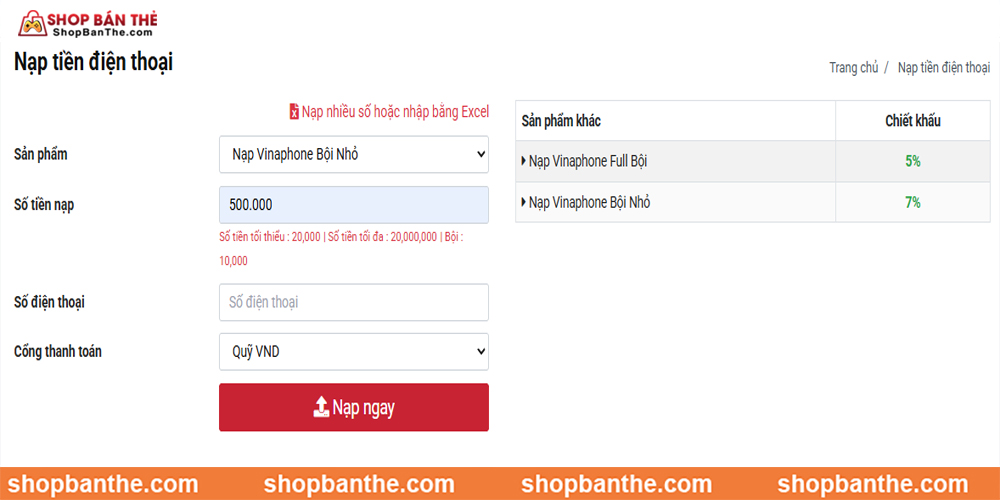 cách nạp tiền Vinaphone tại Shopbanthe.com