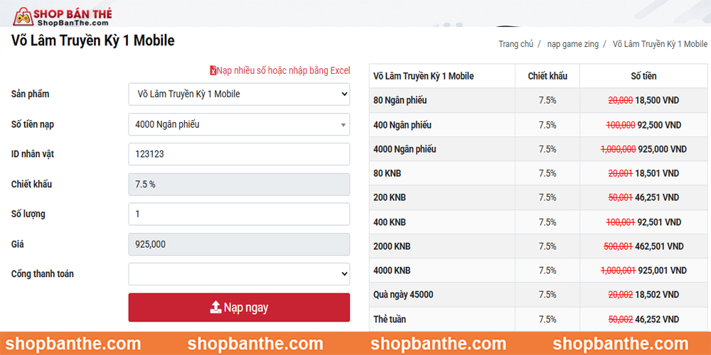 Nạp Võ Lâm Truyền Kỳ 1 Mobile trực tiếp tại website Shopbanthe